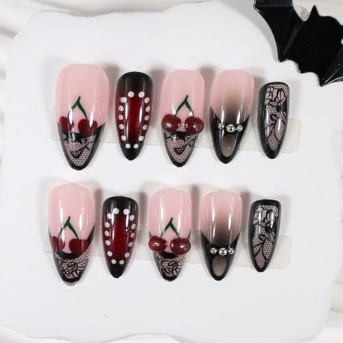 Image of Black Lace Press on Nails French Tip Fake Nails 3D Cherry Nail Press ons | with Red Ombre Design Medium Almond False Nail Reusable Glossy Full Cover Gothic Stick on Nail for Women Manicure 24Pcs