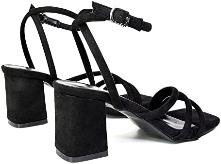 ESSEX GLAM Womens Strappy Sandals Ladies Black Faux Suede Low Mid Block Heel Ankle Strap Square Toe Shoes Size 7 B(M) US | Image 3