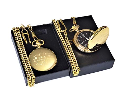 2 Custom Engraved Pocket Watches Gift Set for Men or Women - Groomsmen Personalized Watch with Chain and Box Included - Engraving Included, Wedding Set for Him or Her. (Gold Polished)