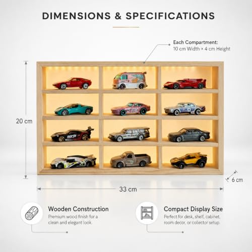 Image of FANCY THINGS Wooden Diecast Car Display Case with LED Lights - 12 Slot 1:64 Scale Model Car Organizer, Mini Vehicle Showcase Shelf for Collectors & Car Lovers, Diecast Cars Included WC