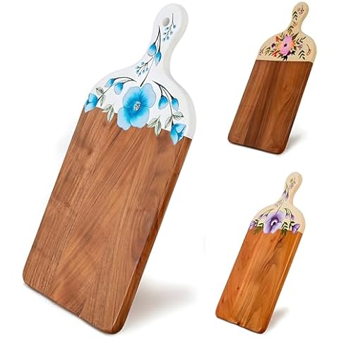 Acacia Wood Cutting Board for Kitchen – Decorative Hand Painted Large Charcuterie Boards, Wooden Chopping Board, Cheese Board with Handle (21 x 10 x 0.8 in) (Turquoise) Cover