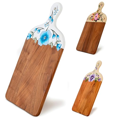 Acacia Wood Cutting Board for Kitchen – Decorative Hand Painted Large Charcuterie Boards, Wooden Chopping Board, Cheese Board with Handle (21 x 10 x 0.8 in) (Turquoise)