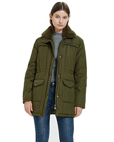 Plusfeel Women Puffer Jacket, Lightweight Padding Coat with Fur Collar Warmth Winter Outerwear, Green, Small