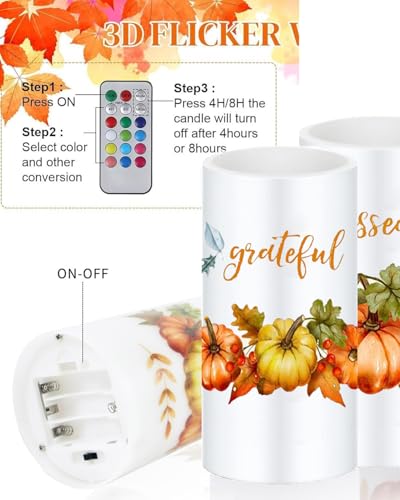 Image of 3 Pcs Pumpkin Flameless Candles with Timer Remote | Orange Maple Leaf Lights for Thanksgiving Theme Decor Autumn Fall Harvest Bathroom Decorations