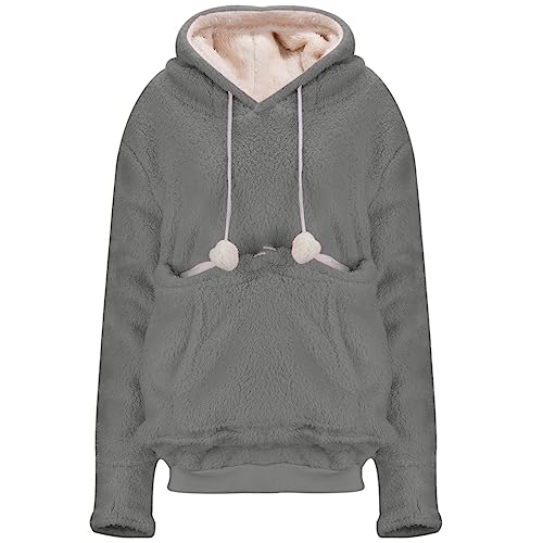 Damen Pullover Kapuzenpullover mit Katzen Hund Tasche Hundetasche Katze Große Größen Sweatshirt Pulli Hoodie Kapuze Katzenpulli Beutel Langarm Herbst Winter mit Reißverschluss
