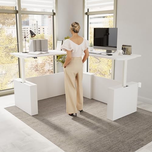Image of Bush Business Furniture 72-inch Electric Height Adjustable L Shaped Standing Desk, Ergonomic Sit-Stand Computer Table for Office, Stratus Collection, White with White Base