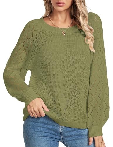 Image of Libsorge Womens Cute Crochet Knit Hollow Out Sweater Fall 2024 Lightweight Ribbed Crewneck Long Sleeve Pullover Top