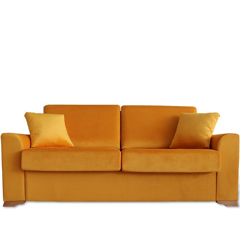 Ventadecolchones - Sofá Cama Italiano 3 Plazas con Subida Y Montaje (207x103x100cm) Berlín en Terciopelo Mostaza con Patas de Madera