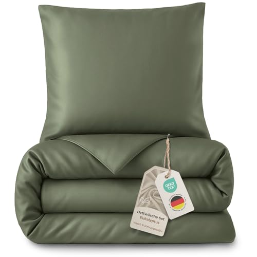 LAYNENBURG Premium Lyocell Bettwäsche in 135x200 + Kissenbezug 80x80 cm - 100% Lyocell Tencel aus u.a Eukalyptus Oeko-TEX 100 - kühlende Sommer-Bettwäsche mit Reißverschluss (dunkelgrün)
