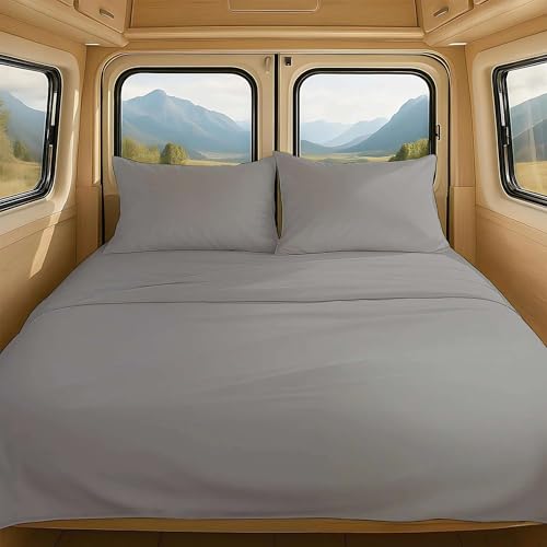 NON Sticky cotton RV Short Queen 4 Piece Sheet Set, 100% Long Staple Cotton, Soft Cooling Hotel Luxury Bedding Sheets, Deep Pocket Fits 15" Mattress, 60" x 75", Light Grey Solid