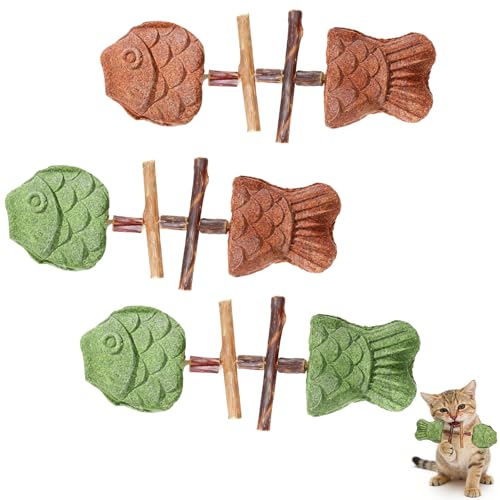 3PCS Creative Fish Bone Cat Toy Purrident - Fix Your Cats Dental Health Fishbone Shape Cat Teething Wooden Catnip Teeth Cleaning Stick Natural Fishbone Cat Dental Toy Durable Feline Tooth Care Tool