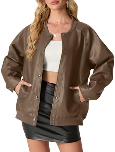 Lepunuo Women's Faux Leather Bomber Jacket Casual Loose Leather Moto Biker Coat Fall Fashion Winter Outfits