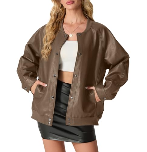 Women's Bomber Leather Jackets Oversized Faux Leather Motorcycle Plus Size Moto Biker Coat Fall...