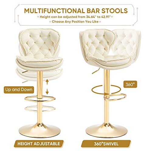Kinffict Bar Stools Set Of 2, Velvet Counter Height Adjustable Barstools, Swivel Dining Bar Chairs Upholstered Modern Bar Stool For Kitchen Island, Cafe, Bar, Bar Counter, Dining Room, Ivory #TOP2