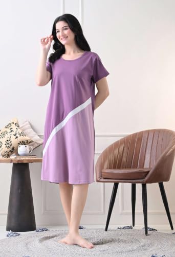 Image of Women's Night Dress Short Sleeve Round Neck Sleepwear with Stylish Contrast Panel, Comfortable Nightwear for Women