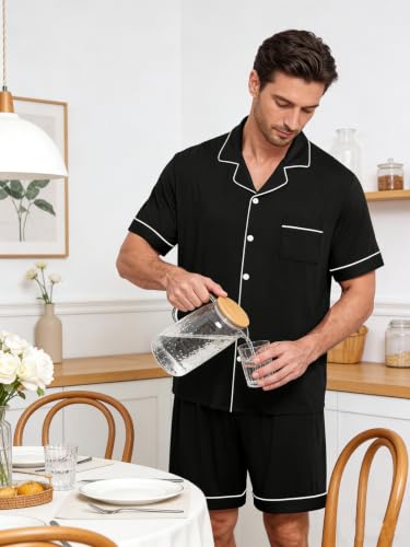 Image of Mens 2 Piece Short Sleeve Button Down Pajama Set, S-3XL | Soft Modal Fabric, Cool Lightweight Sleepwear & Loungewear with Pockets, Home Relaxing