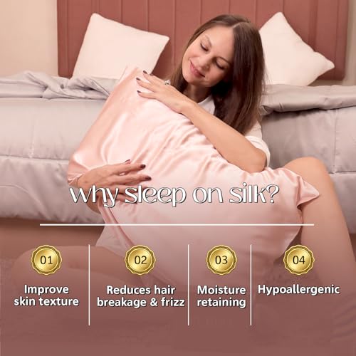 Image of Mulberry Silk Pillowcase - Standard 20x26 Inch - 22 Momme Highest Grade Silk - Cooling for Hair & Skin - Breathable Anti-Frizz with Hidden Zipper - Soft Luxury Pillow Cover - Blush Pink