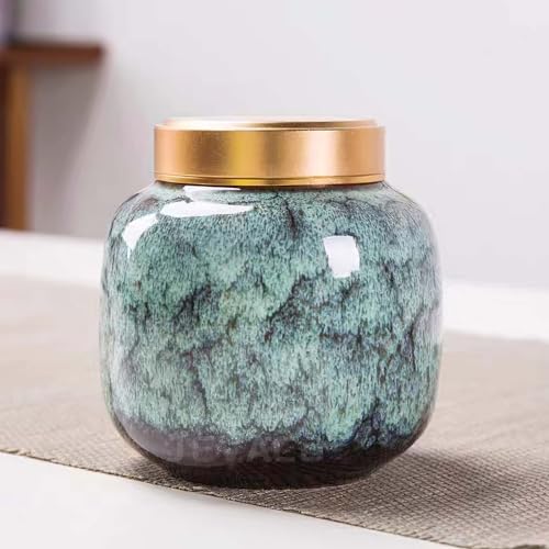 Green Kiln-Transmutation Ceramic Urn - 10 cu in Small Urn for Ashes, Aluminum Lid Memorial for Adults & Pets (3.15