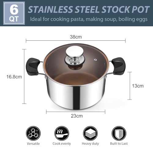 HaWare Stock Pot, 5.8L 23cm Tri-Ply Stainless Steel Stockpot for Cooking Pasta & Stewing Soup, Suit for Induction/Electric/Gas/Ceramic, Heat-Proof Handle & Clear Lid, Healthy & Easy Clean - Image 2