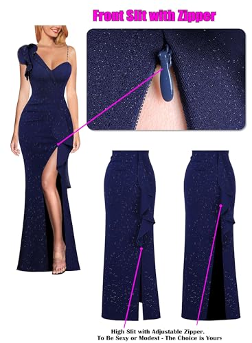 Image of VFSHOW Womens Formal Prom Elegant Ruffle One Shoulder Beaded Strap Ruched Slit Maxi Dress Wedding Evening Long Gown