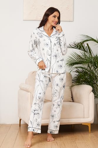 Image of LUBOT 100% Cotton Pajamas for Women Pajama Set 2 Piece PJ Sleepwear Set Soft Ladies Button Knit Long Sleeve Loungewear XS-XXL