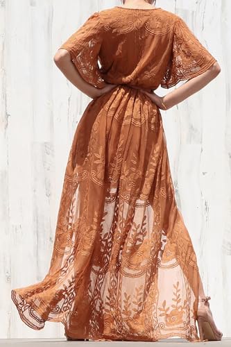 Image of LRISES Women V Neck Floral Embroidered Lace Maxi Dress Short Sleeve Waist Tied Boho Wedding Guest Maternity Party Dresses Orange