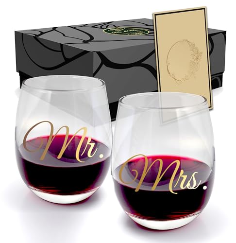 Product Image of the Triple Gifffted Mr and Mrs Wine Glasses Couples Gifts Ideas for Wedding, Anniversary, Gift for Engagement, Bride & Groom, Newlyweds, His and Hers, Wife, Husband, Christmas Presents