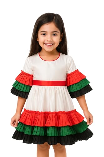 Home Smart National Day Flag Pattern White Dress for Girls Celebrate UAE National Day in Style UAE National Dress for National Festive Events (140 cm)