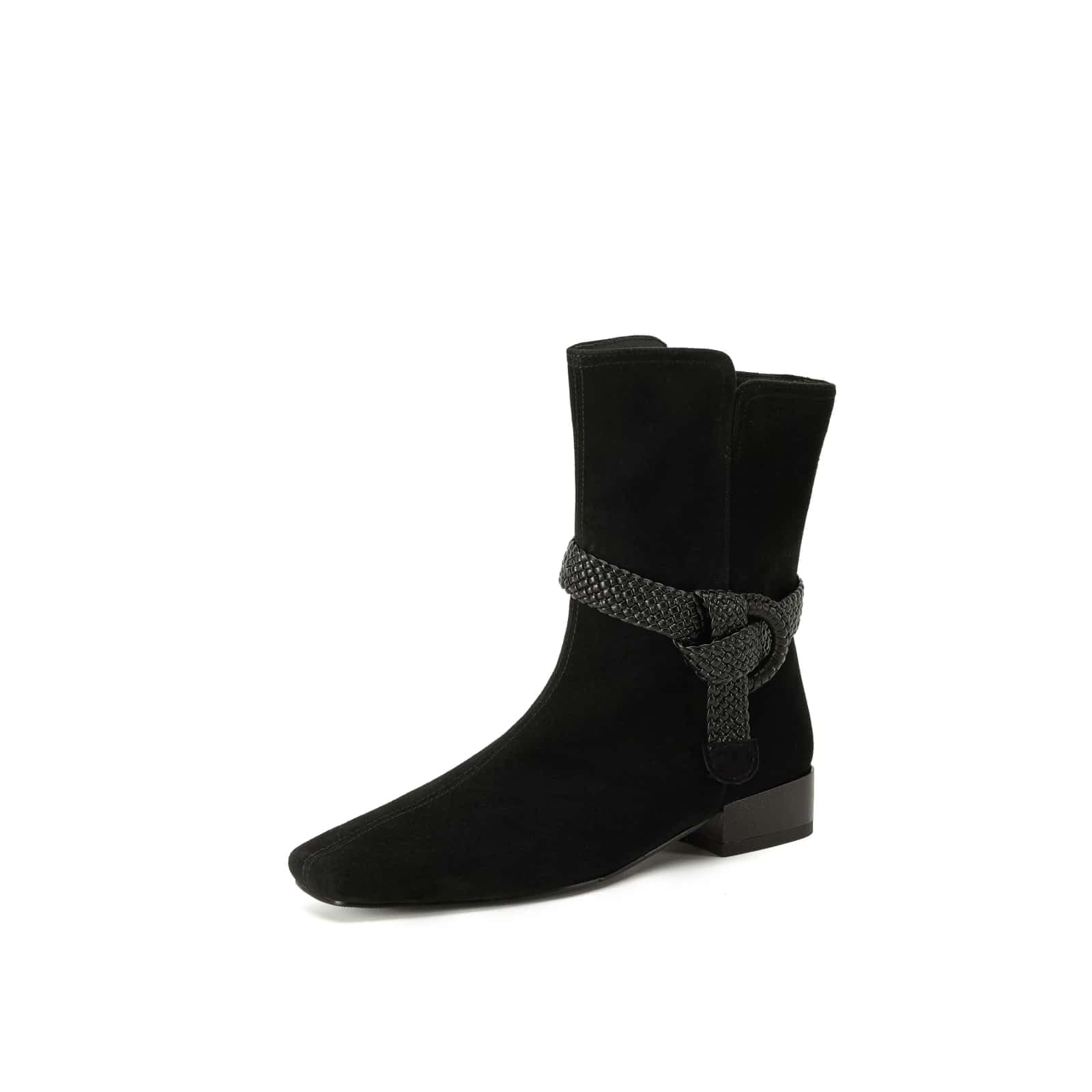 TinaCus Womens Suede Leather Ankle Boots Handmade Square Toe Stacked Low Heel Buckle Buckle Booties