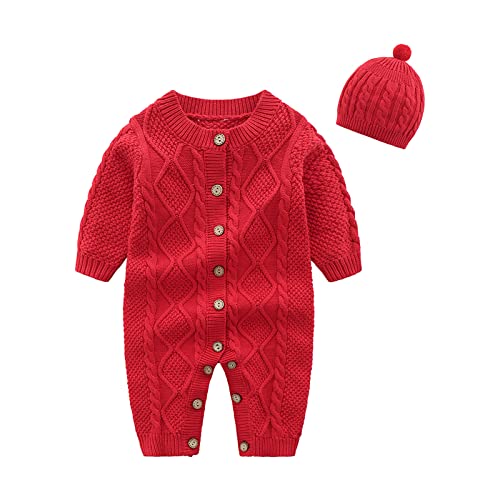 Image of IADOER Baby Newborn Boy Knitted Sweater Romper Cotton Longsleeve Outfit with Kids Winter Warm Hats Set