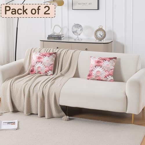 Image of HOKIPO 'Nature Muse 7D' Premium HD Printed Holland Velvet Sofa Cushion Cover | 16x16 Inch (40x40 cm) | Pack of 2, Blush Bouquet (IN-923-D6*2)