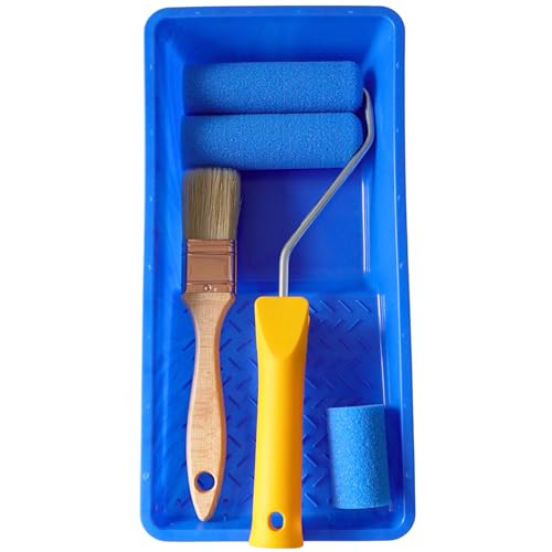 DAN&MAR® Kit Completo de Rodillo Azul para Muebles y Paredes. Incluye Cubeta + Rodillo de Espuma Azul pequeño para Esmalte Sintetico //Acrilico. Y Paletina Triple de Cerda Suave, Ideal para detalles