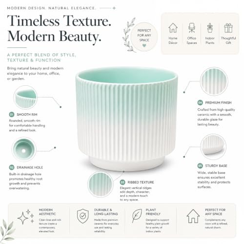 Image of Xtore Elegant Ribbed Ceramic Planter for Home & Office Decor | Modern Indoor Flower Pot with Soft Aqua-Toned Interior for Living Room, Bedroom, Desk, Shelf, Balcony & Window Styling (Shaded Green)