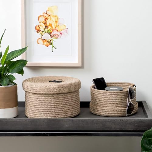 Image of AuraNest Cottan Box round mini rope storage jute woven Shelf basket hamper baby nursery tray bucket organizer gifts set of 2 for kids toys,fruits,living room,bathroom,kitchen,office (Brown)