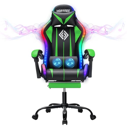 HOFFREE RGB Gaming Chair with Speakers and Massage Ergonomic Computer Chair with Lights and Footrest Reclining Video Game Chairs for Adults Green and Black