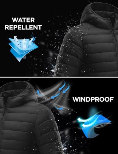 Polu Mens Lightweight Puffer Jacket with Hood Packable Coats (Black,S) - 3