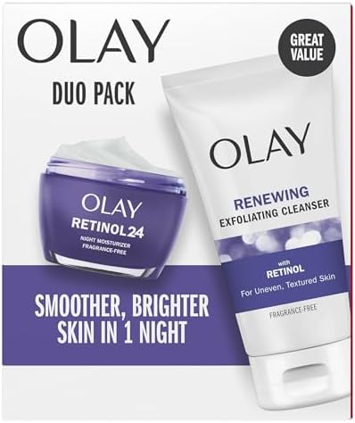 Olay Retinol 24 Duo Pack, Fragrance-Free, 1 Retinol 24 Night Moisturizer 50 mL, 1 Renewing Exfoliating Cleanser 150 mL, 4 Vitamin C Dissolving Pads