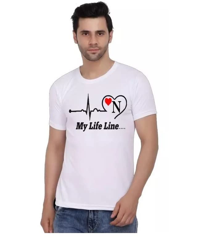 ALNIK Cool & Stylish Men's Typographic Printed Alphabat Round Neck Half Sleeve Life line A-Z Tshirt White