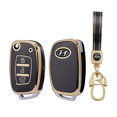 Image of Keycare TPU Key Cover & Keychain Compatible for: Hyundai Creta, Tucson, Alcazar, Exter, Venue, i20, Aura, Xcent flip Key (Gold Black + Gold Black Keychain)