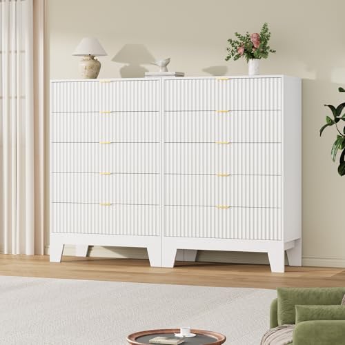 Image of Garvee 5 Drawer Dresser for Bedroom, 47 inch Tall Fluted Chest of Drawers with Metal Handle, Modern Wooden Dresser TV Stand, Clothes Storage Organizer Wood Closet for Hallway, Entryway, White