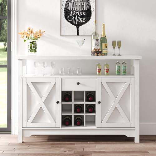 4ever2buy Farmhouse Coffee Bar Cabinet with Storage, White Coffee Bar with Drawer, Kitchen Buffet Cabinet with Barn Door, Wine Bar Cabinet with 9 Wine Racks for Dining, Living Room - Thumbnail 7