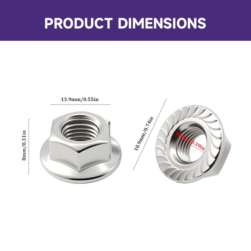 Flange Hex Lock Nuts 8 Pcs 304 Stainless Steel Silver Serrated Anti-Loosening Nuts Thread Loct for Machinery、Automotive、Wood、Metal、Furniture - Image 2