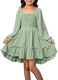 blibean Tween Girl Fall Ruffle Long Sleeve Dress Big Kid Solid Casual Boho Fancy Party Smocked Dresses Young Semi Formal Swing Dressy Outfit Clothes Size 14 15 16 Year Old Sage Green