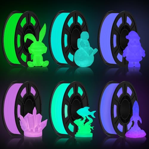 Image of 6-Pack Glow in The Dark PLA Filament 1.75mm,3D Printer Filament Bundle (250g x 6),Luminous Glow PLA Multi-Color Set for Toybox & FDM 3D Printers,Green /Teal /Purple /Rose Red /Blue-Green /Rainbow