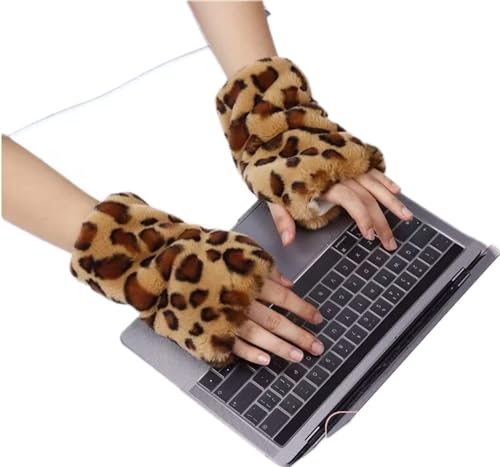 LEOPARD FUR-Leopard Print Warm Finger-less Mittens for Women Real Fur Furry Gloves (real rabbit fur)