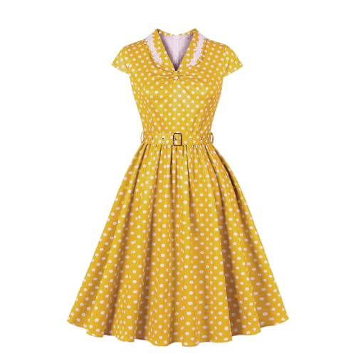 Wellwits Womens Floral Applique Collar Polka Dots Vintage Cocktail Dress Yellow M