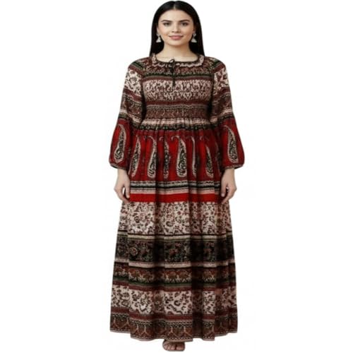 Image of Women's Cotton Dress Jaipuri Sanganeri Print Midi Long Dress Printed Fit and Flare Maxi Dress A-Line Gown Dress Maxi Skirt, Mandala (Free Size)