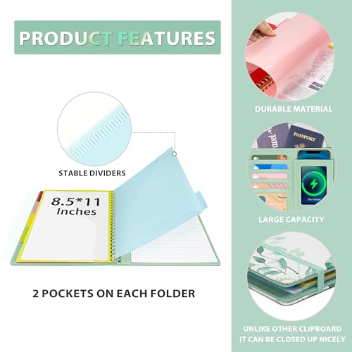 Image of Ospelelf Clipboard with Storage, Leather Padfolio Portfolio Organizer 5 Folders with 10 Pockets, Spiral Clipboard Folio with Notepad for Letter Size, Elastic Closure and Pen Loop Green Plants