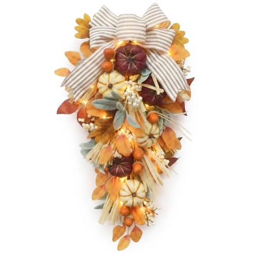 Valery Madelyn 24 Fall Teardrop Swag with White Pumpkins & Lights