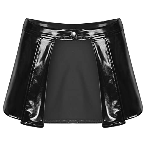 Women's Open Front Leather Skirts High Waisted Pleated Solid Ruffle Skater Skirts Clubwear